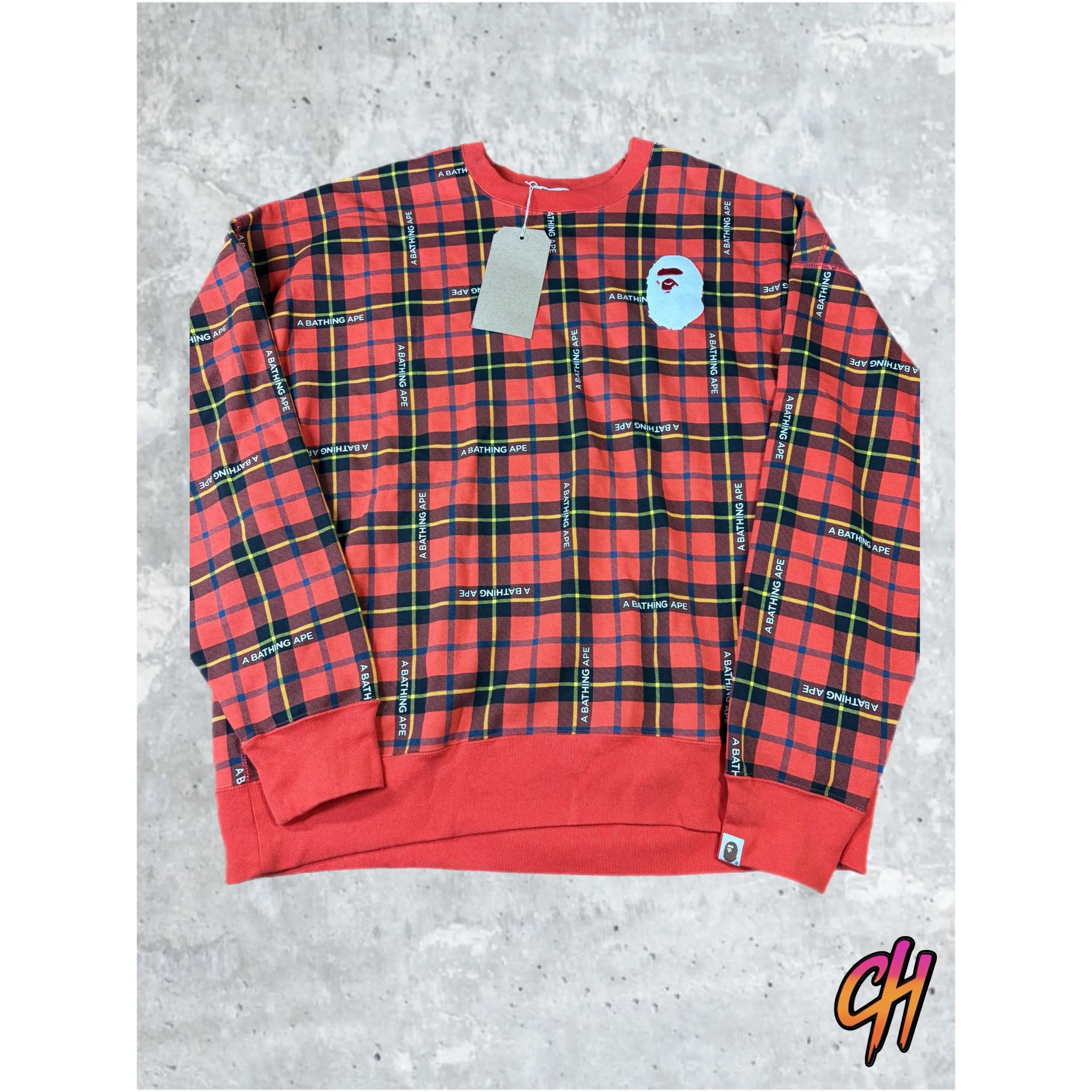 BAPE Logo Check Red Loose Fit Crewneck Sweater Size MD