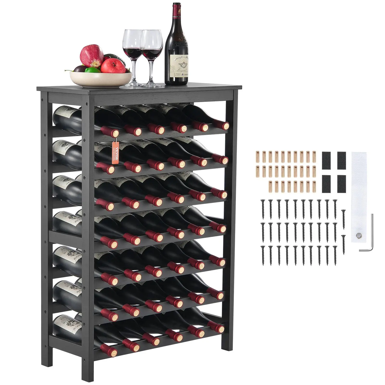 Solid Bamboo 7-Tier 42-Bottle Freestanding Wine Rack Home Storage Cabinet, Modular Sturdy Wobble-Free Mold-Resistant Multi-Compartment Holder with Table Top, Screws for Easy Install & Assembly Required, Indoor Apartment Kitchen Furniture