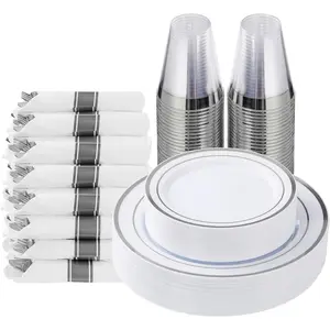 Goodluck 175 Piece Silver Plastic Dinnerware Set for 25 Guests, Fancy Disposable Plates for Party, Include: 25 Dinner Plates, 25 Dessert Plates, 25 Pre Rolled Napkins with Silver Silverware, 25 Cups