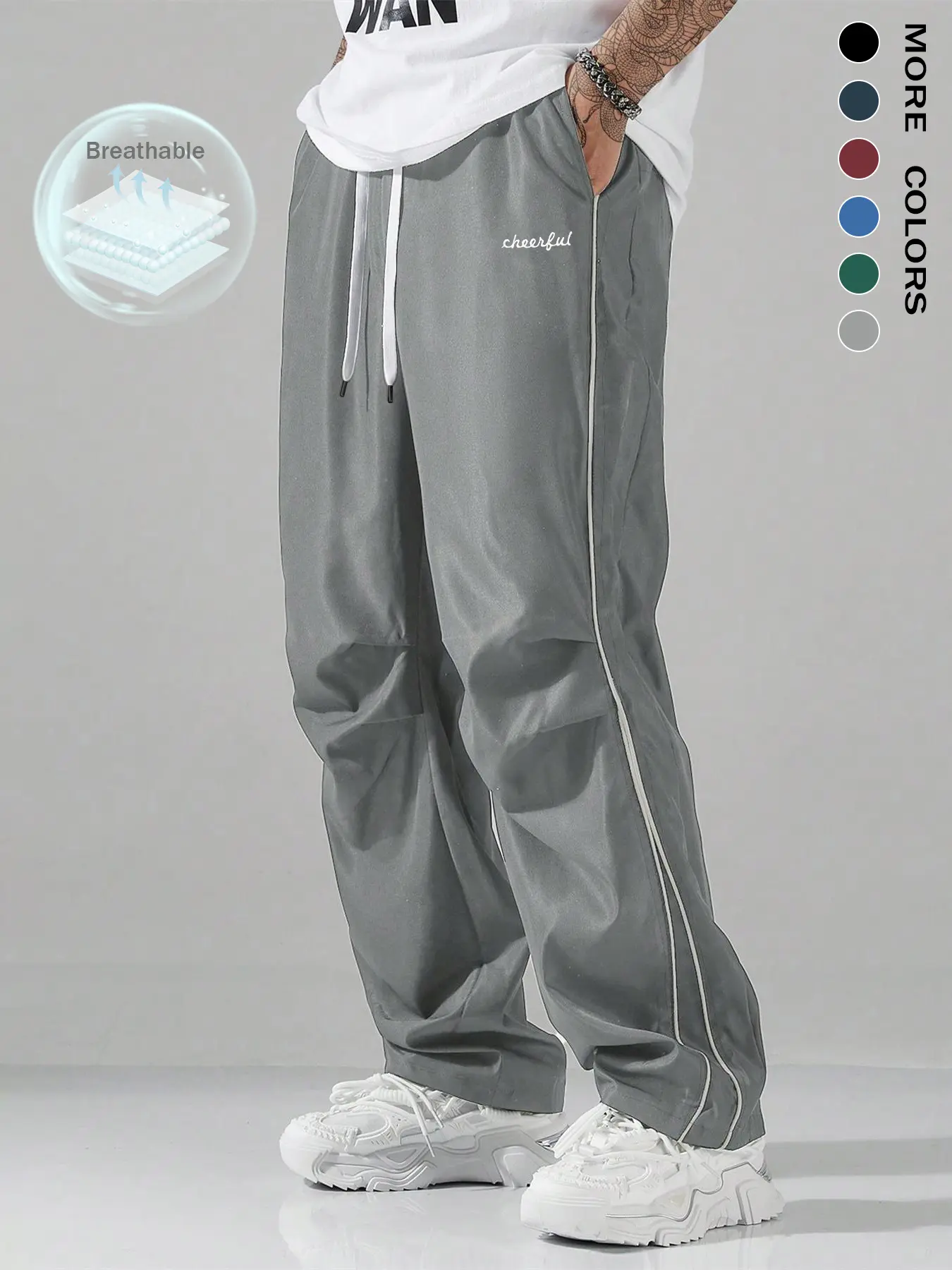 Men's Letter Embroidery Drawstring Waist Wide Leg Cargo Pants, Casual Comfy Pocket Trousers for Daily Wear, Woven Bottoms for All Seasons, Casual Streetwear Trousers