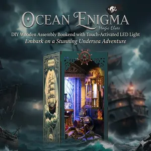 DIY Book Nook Kit Ocean Enigma, 3D Wooden Miniature Handicraft Bookshelf Insert Decor with Touch LED Light, Desk Ornament Craft