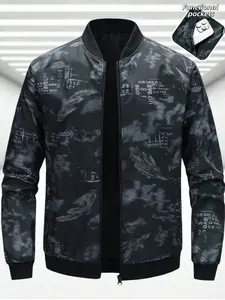 Men's Feather Print Pilot Jacket, Ribbed Neck and Sleeves, Zipper Design, Lightweight Windproof Streetwear, Practical Pockets, Spring Fall Casual Fashion Outerwear