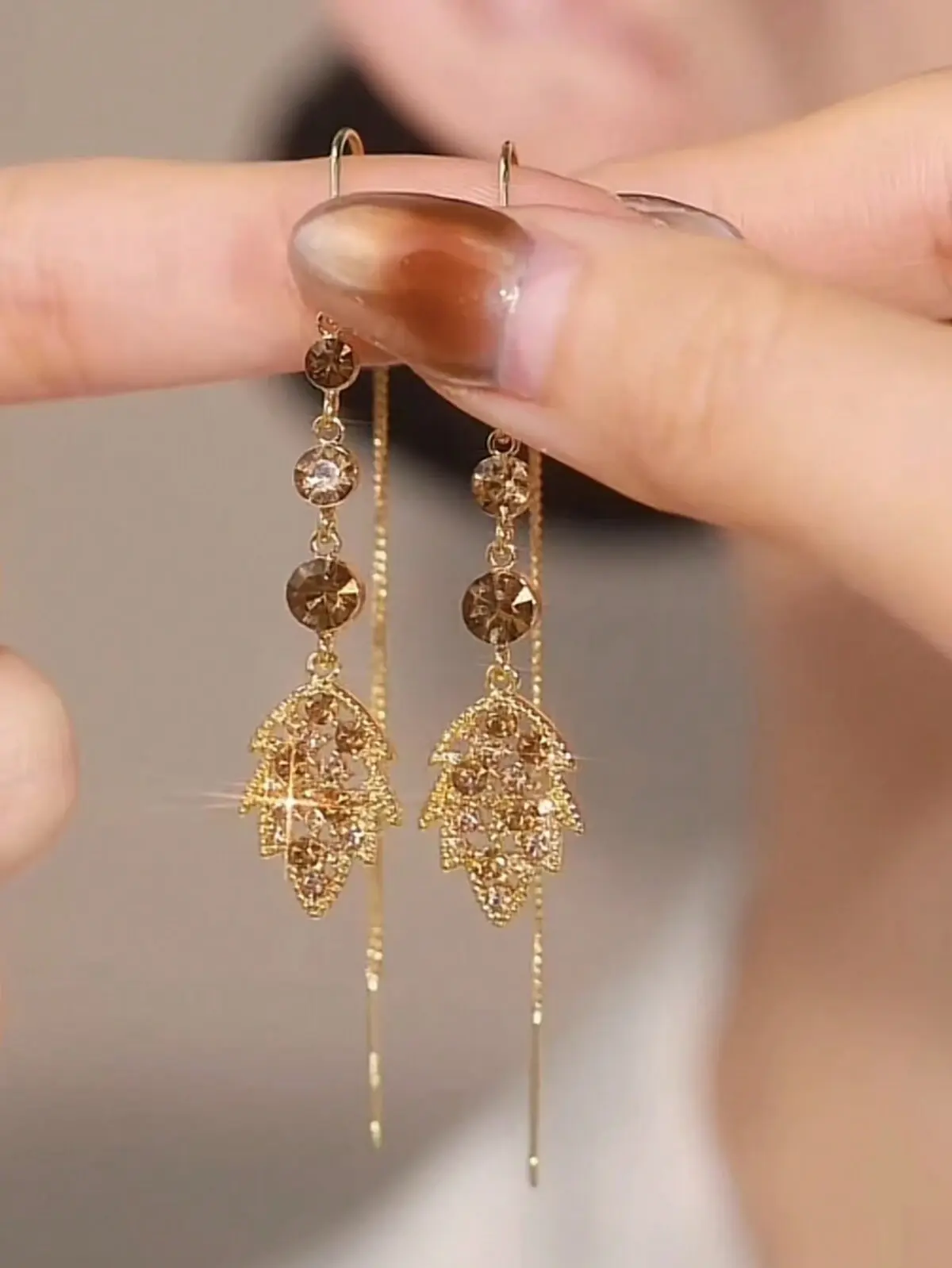 Luxurious And Stylish Miraida Full Rhinestone And Studded Leaf Ear Threaders With High-Grade Texture For Women
