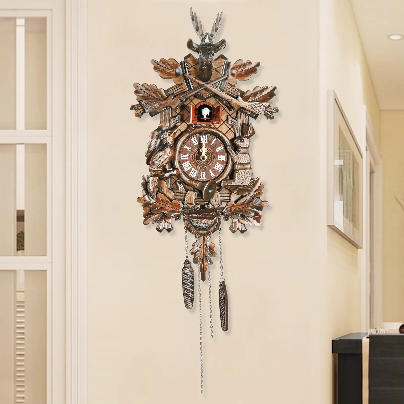 Traditional Black Forest Style Automatic Bird Sound Wooden Cuckoo Wall Clock - Vintage Rustic Home Goods, Interior Room Decor Hanging Living Room Supply