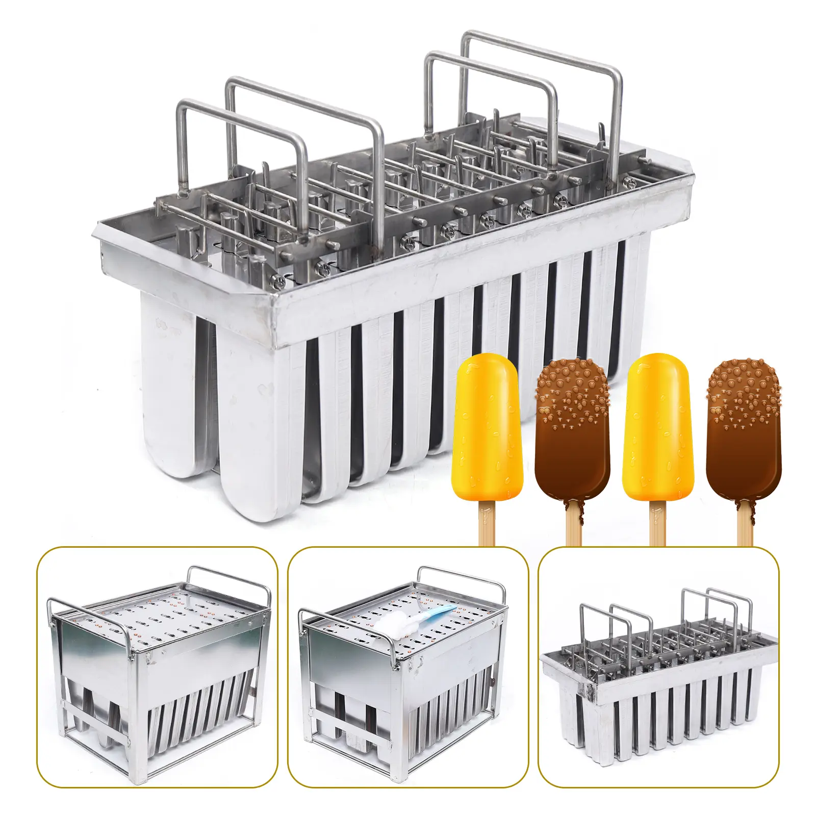 Silver Stainless Steel Rectangular Ice Cream Popsicle Moulds - 20-Capacity 3oz Reusable Kitchenware, Smooth Modern Seamless Welds Sleek Look, 100 Flat Head Sticks Ready for Home DIY, Outdoor Use