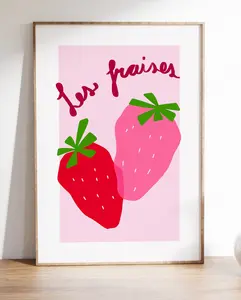 Les Fraises | Strawberry Poster, Pink Fruit Poster, Pastel Wall Art, Cute Kitchen Art, Pink Kitchen, French Poster, Danish Pastel, Scandi, Poster No Framed, Decor home