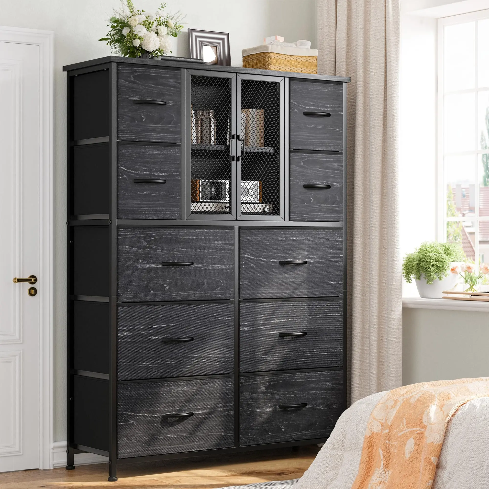 Raybee Bedroom Dresser Armoire Storage Cabinet - Modern Large-Size Drawers and Cabinets with 10 Fabric Drawers, Metal Frame, Wood Top, Bedroom Decor, Apartment Furniture, Organizer Storage for Home Organization Needs