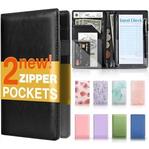 Server Book, 2 Zipper Pockets, Leather Server Books for Waitress, Waitress Book, Sturdy Waiter Book, Serving Waitress Accessories Fit Server Apron Waitress Notepad (Black)