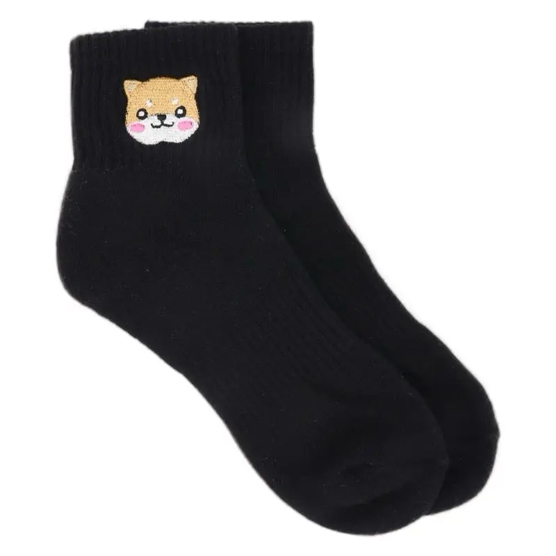 Embroidered Shiba Inu Socks - Black with Adorable Embroidered Dog Face Design for Comfort and Style