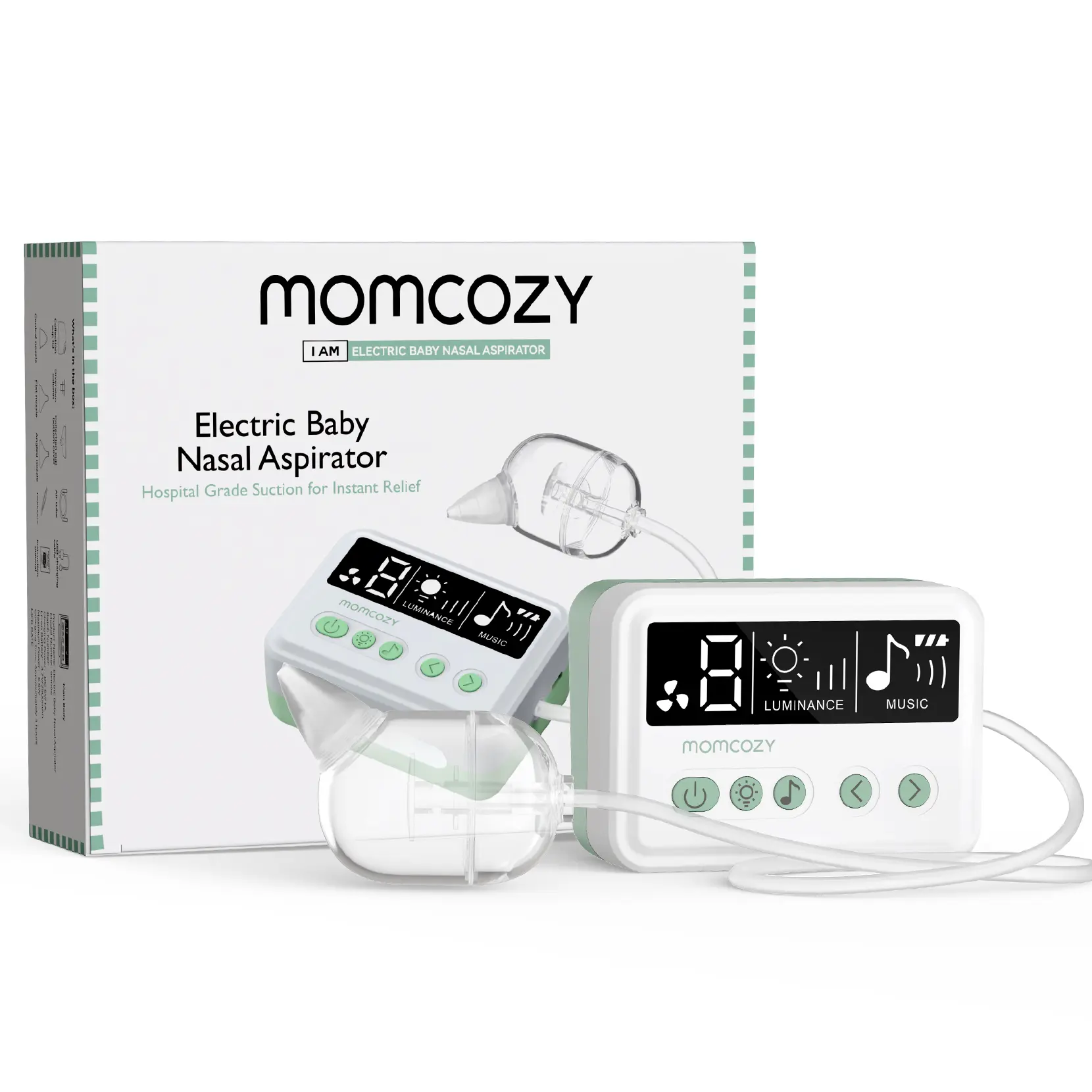 Momcozy Nasal Aspirator for Baby, 【Hospital-Grade】 70 KPa Strong Suction & 9 Suction Levels Nose Sucker, Electric Nose Cleaner for Toddler & Newborn, Soothe Light & Lullabies, BPA Free Silicone Tips