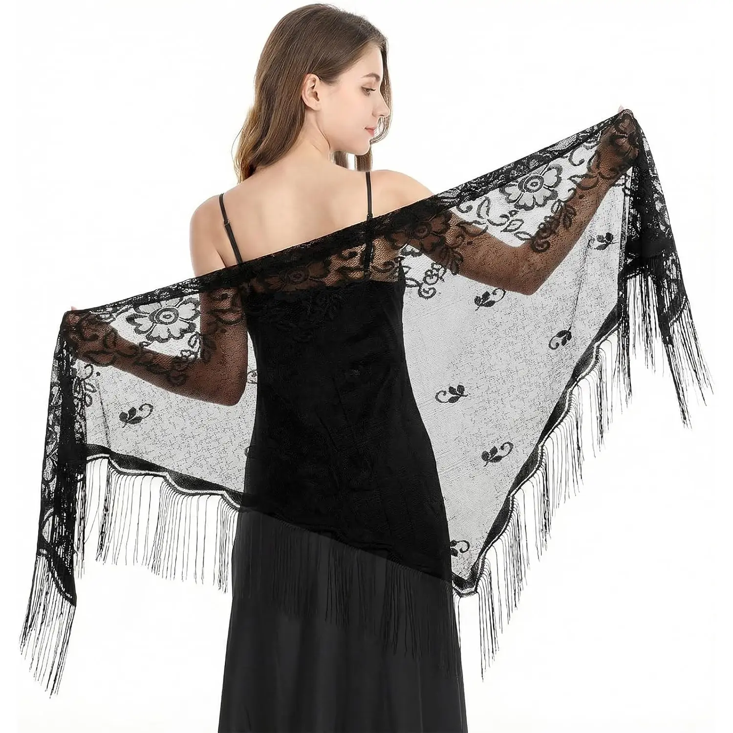 Black Lace Shawl Floral Wrap Scarf for Women
