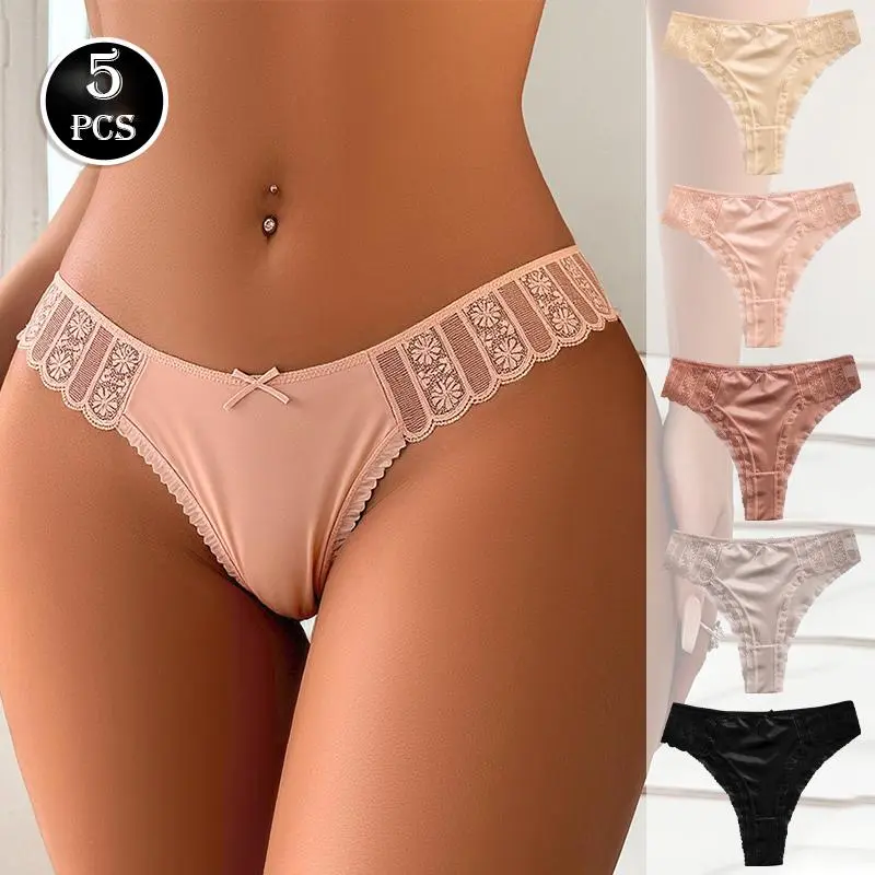 Women's Preppy Retro Cheeky Knicker Thongs, 5pcs Mix Colors Sheer Lace with Frill Trim, Breathable Seamless Underwear for Daily & Wedding Wear