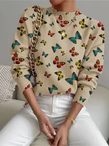 Women's Butterfly Print Stand Collar Sweater, Casual Long Sleeve Knitwear for Fall Winter, Comfortable Warm Daily Wear