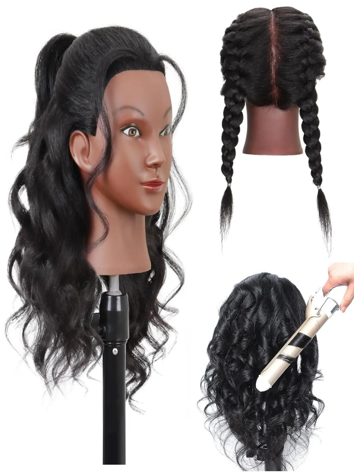 Mannequin Head with Human Hair 16" Cosmetology Manikin Doll Head 100% Real Human Hair for Styling Hairdresser Practice Braiding with Free Clamp Holder Weft Hair Extensions Hair Replacement Hair Weave