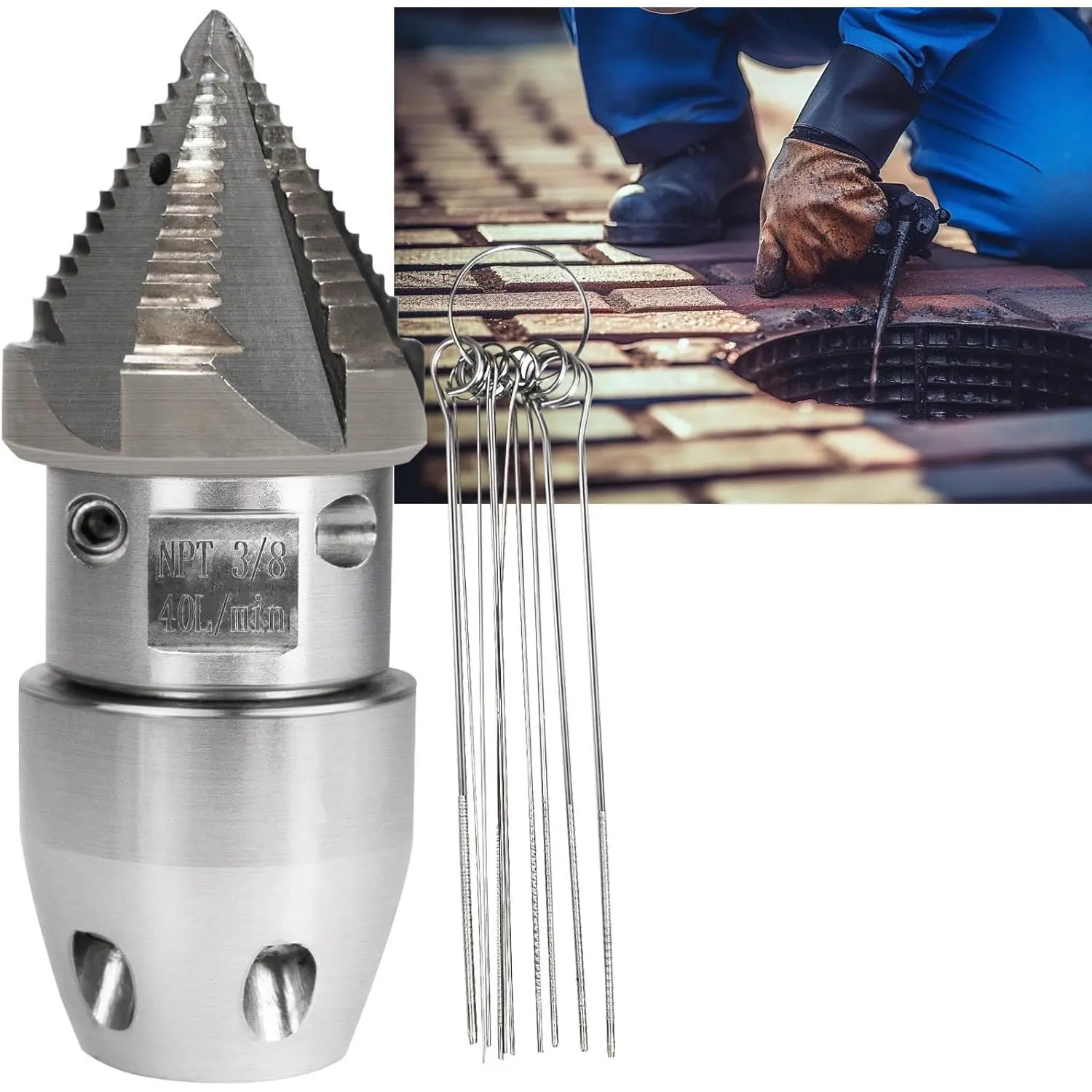 3/8 NPT, 40 L/min Sewer Jetter Rotating Nozzle - Stainless Steel, Drain Pipe Cleaning for 40 L/min Pressure Washer Cleaning (Black Head)