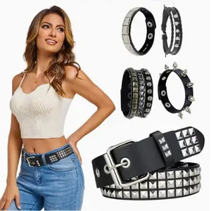5pcs Studded Belt & Bracelet Set - Gothic Punk Rock Metal Accessories Suitable for Jeans, Y2K Street Style Belt Buckle & Bracelet for &, Retro for Night Outfits, Concerts, Casual Wear (Hand Washable/Dry Cleanable)