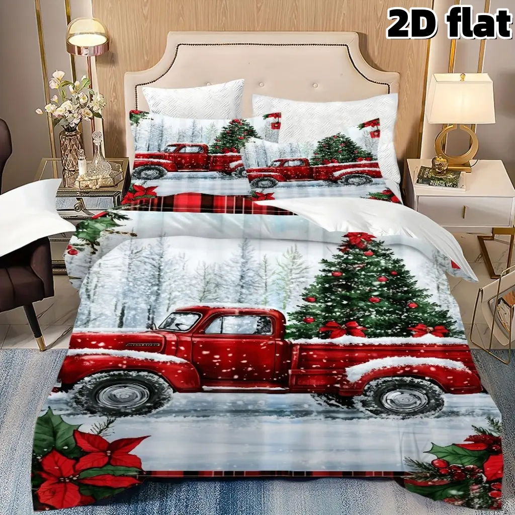 2D Flat 3Pcs Christmas Red Truck Duvet Cover , Winter Snow Scene with Decorated Pine Tree, Buffalo Plaid Trim, Poinsettia Flower Print Bedding , Vintage Holiday Theme Bedroom Decoration, Gift Microfiber Quilt Cover with Pillowcases Duvet Cover Sets