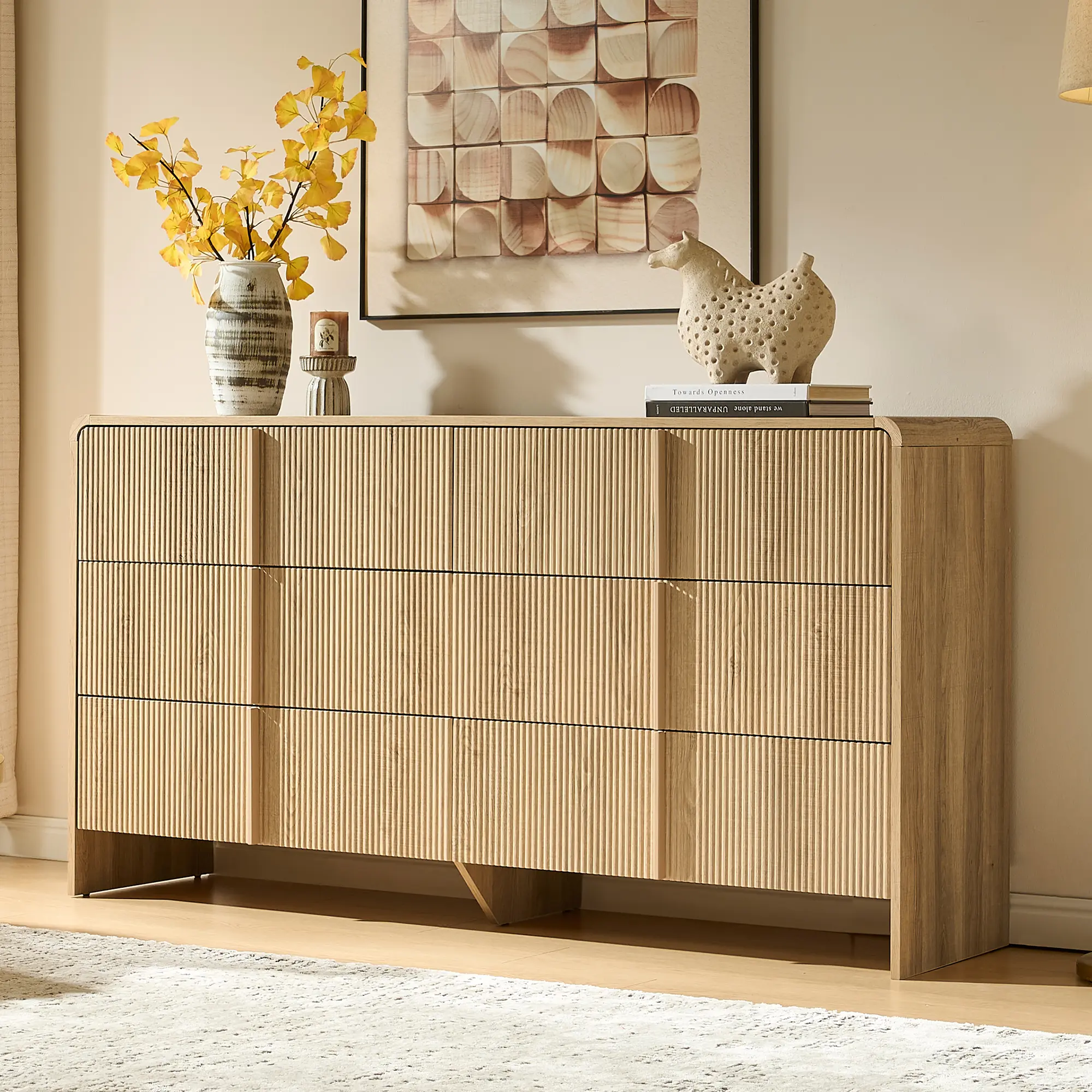 [Summerwins]AMERLIFE Fluted 5/6/7 Drawer Dresser, Modern Chest of Drawers with Pine Handles, Rounded Corners & Anti-Tip, Wood Drawer Organizer for Cloth, Bedroom, Living Room, Hallway, Entryway