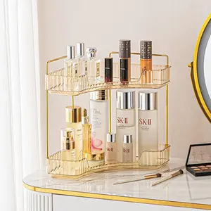 Double-Tier Bathroom Countertop Corner Organizer — Classic Storage Shelf for Cosmetics, Perfumes, and Toiletries; Space-Saving Countertop Tray Suitable for Bathrooms, Vanity Tables, and Kitchens (Amber, Green, White)