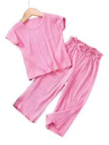 Girls' Spring Summer New Solid Color Short Sleeve Long Pants Set, Soft Colors, Pleated Fabric, Butterfly Knot, Casual Comfort, Ages 3-8