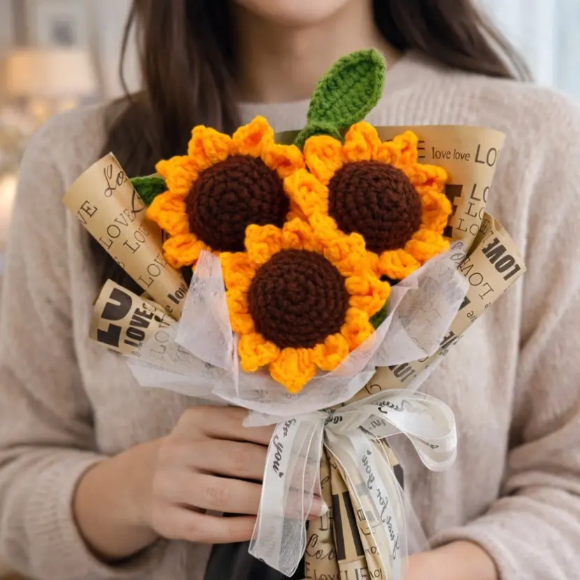 Handmade Crochet Sunflower Bouquet Party Gift, Anniversary Present with Packaging, Unique Handcrafted Floral Arrangement Artificial Flowers
