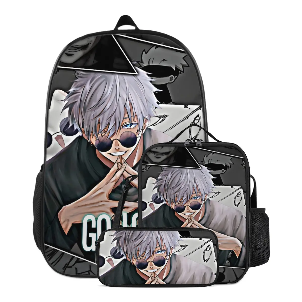 Jujutsu Kaisen Gojo Anime Backpack Set - 17" Waterproof Bag w/ Insulated Lunch Tote & Pencil Pouch | Adjustable Padded Straps, Side Pockets & Reinforced Base (Commute/Work/Outdoor)