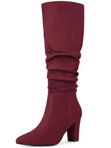 BLISSFUL STEP Women's Slouchy Pointed Toe Chunky Heel Knee High Boots