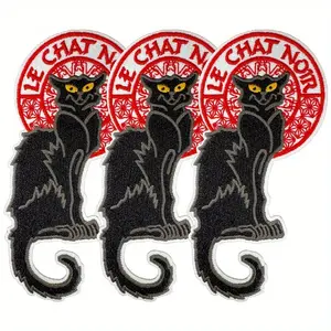 3Pcs Adhesive Backing Magic Black Cat Embroidered Patches #Summervibes - Geometric Embroidery Design, Punky Gothic Decorative Badges for Jackets, Bags