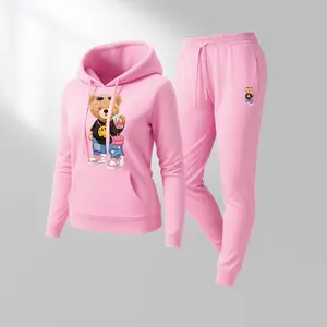 Women's Little Bear Print Hoodie And Drawstring Track Pants Set, Casual Sportswear, Long-Sleeved Hooded Jacket And Pants, Suitable For Autumn And Winter, Everyday Wear, Indoor And Outdoor Sportswear, Casual Sportswear.