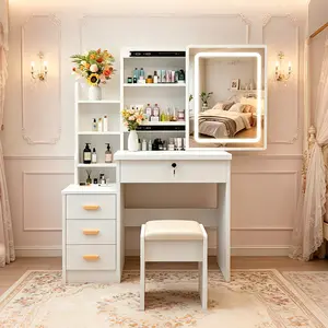 Modern White Vanity Set with Makeup Stool Three-Color LED Light Sliding Mirror Four Drawers One Shelf Ideal for Girls' Bedrooms Apartments and Bathrooms Mother's Day Gift