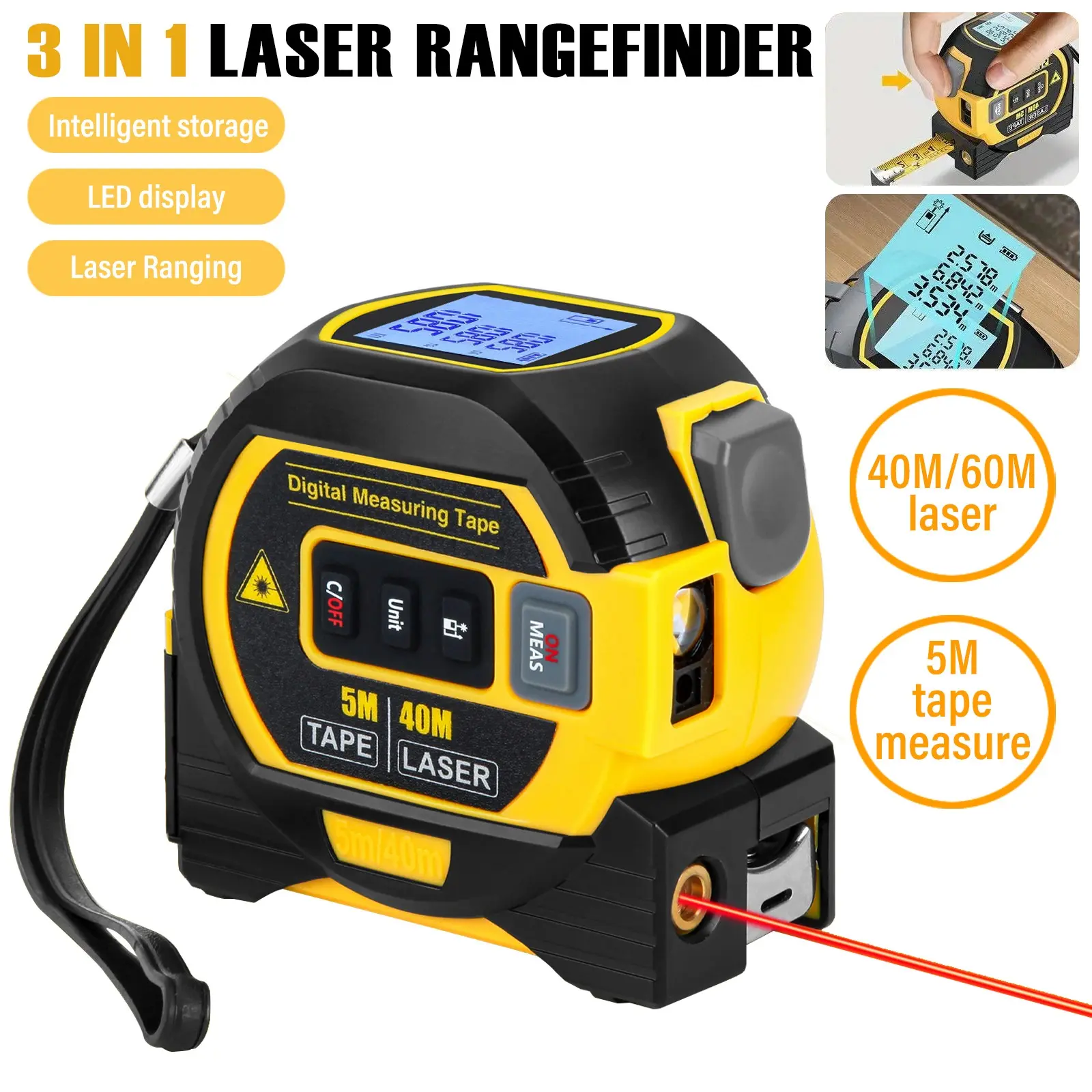 Laser steel ruler 2-in-1 digital measuring instrument with 5-meter steel ruler automatic locking without cutting hands, 40/60 meter laser, wear-resistant laser scale, anti drop and anti fall body, on-site cutting by carpenters for decoration