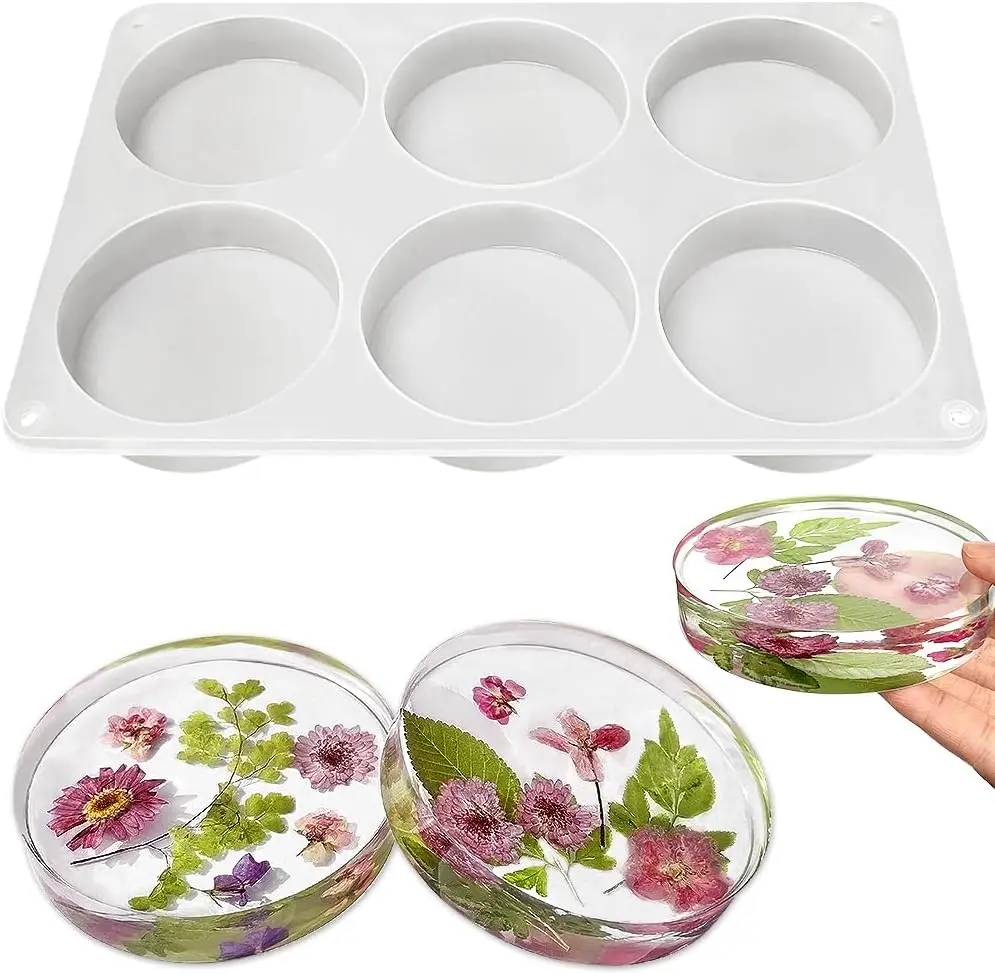 Round Coaster Silicone Mold, 6 Cavity 4 Inch Resin Casting Mold for Epoxy Projects, Flower Preservation, DIY Coasters and Craft Making