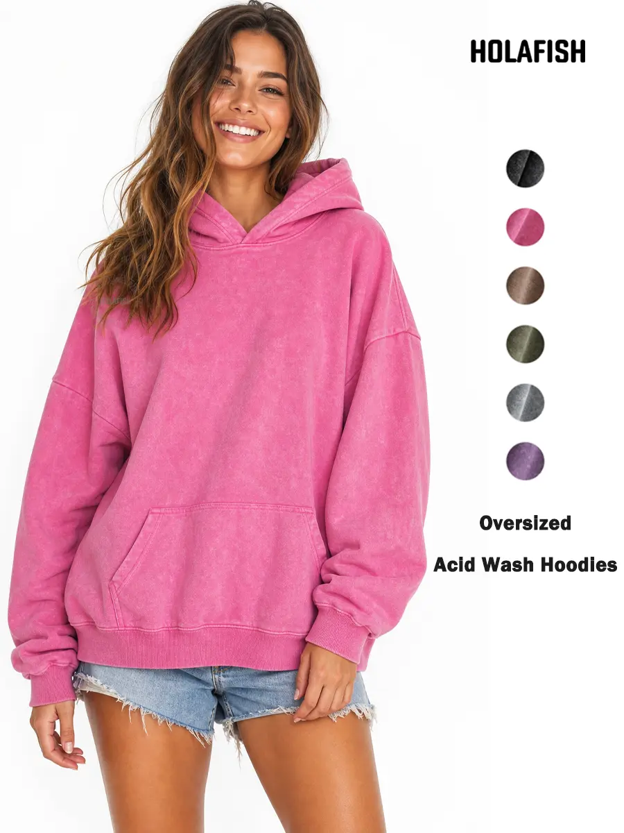 Holafish Acid Wash Oversized Hoodies Pullover Women Fall Plain Preppy Hoodie Streetwear Cotton Vintage Hooded Sweatshirt Cute Pullover Fall Winter Long Sleeve Shirts Outfits Hoodies