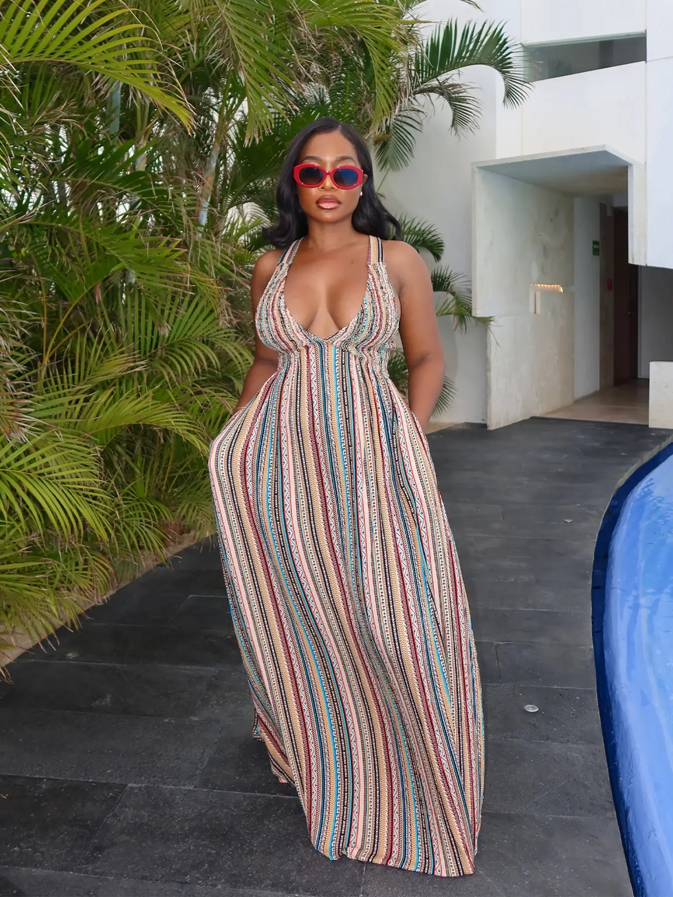 Women's Summer Vacation Beach Party Dress, Casual Wear, Lightweight Fabric, Chic Fashion Striped Print Backless Tie Back Dress, Slim-Fitting, Holiday Style Womenswear, Casual Fitted Dress