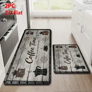 2/3 Piece Soft Flannel Kitchen Mat Set, Light Wood Grain, Coffee Time Design, Non-Slip, Absorbent, Home Decor, Kitchen Floor Mat