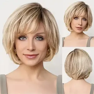 Fashionable New Remy Human Hair Bob Wigs for Women, Featuring Short Straight Blonde And Brown Lace Front Styles with Bangs And Natural Wavy Layers.