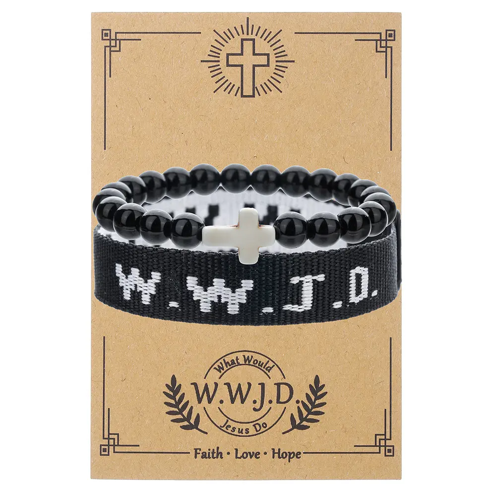 2-Piece Beaded Bracelets for Women with WWJD and Cross Charms, Natural Pine Stone & Alloy Faith Friendship Jewelry Set, 18Cm, Alloy Metal, Beading, Casual