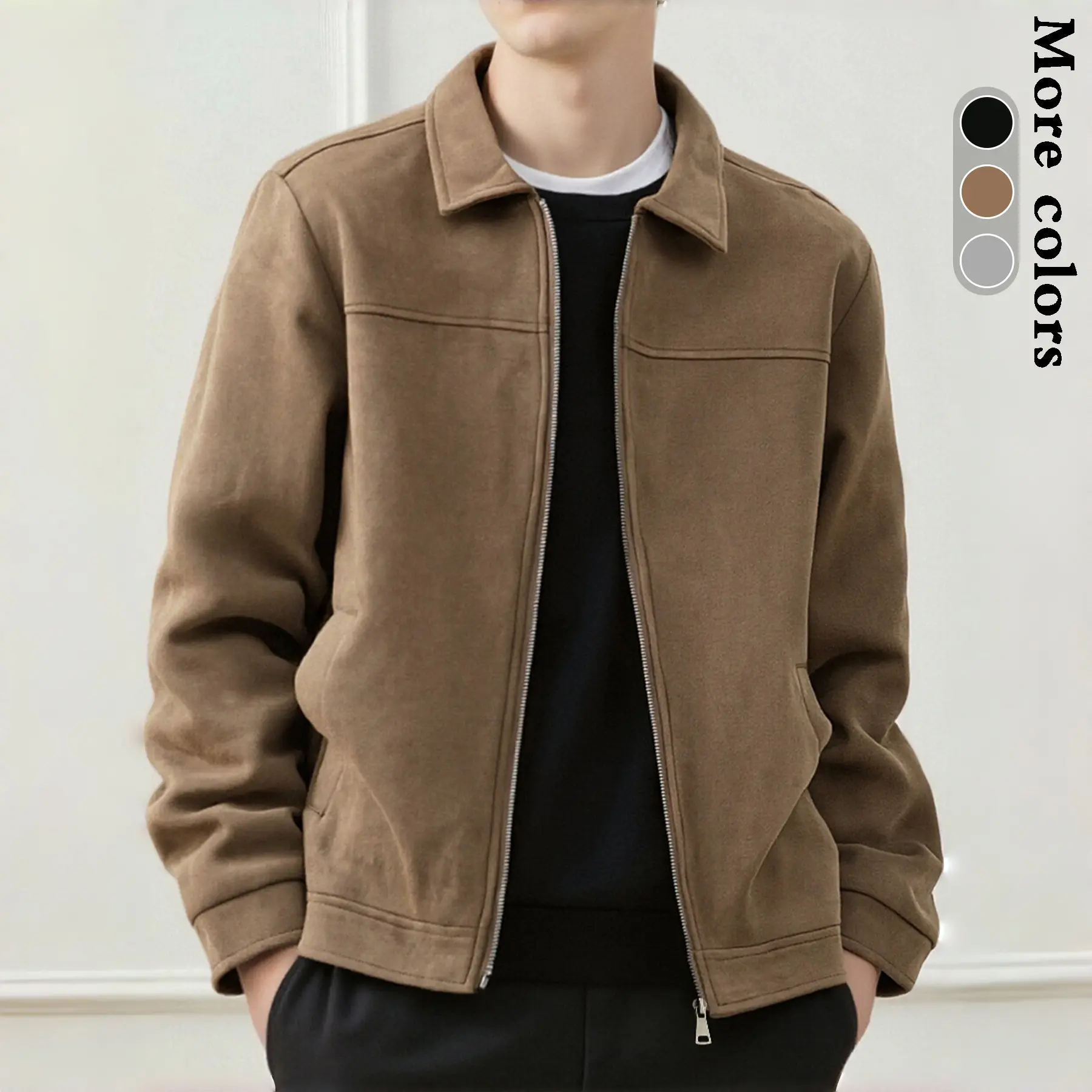 Men's Regular Fit Suede-Like Stylish Chic Retro Style Long Sleeve Casual Jacket Tops - Plain Design, Zipper Closure, Retro Lapel, Single-Button Cuffs, Soft Basics for Spring, Autumn, Knitting, Soft Outfits, 80S Retro Men's Lightweight Jackets, One Button