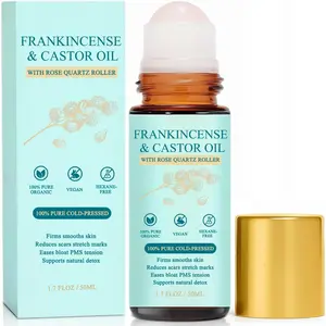 Organic Cold-Pressed Frankincense & Castor Roll-On with Removable Rose Quartz Roller - Brightening, Skin Firming, Scar & Stretch Mark Reduction, Mineral Oil Free, 1.7 fl oz, 1 Pc