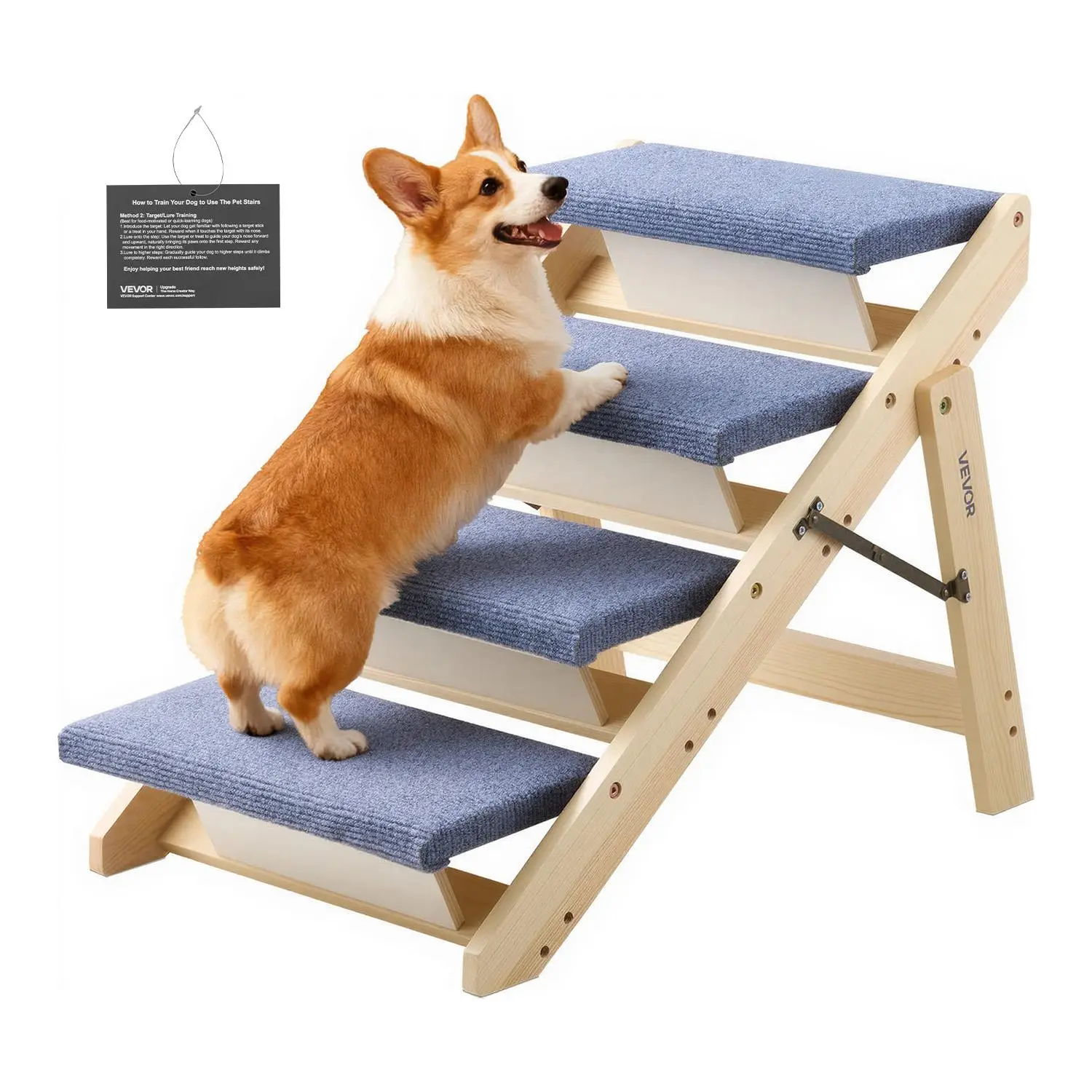 VEVOR 4-Step Wood Frame Pet Stairs - Soft Nonslip Tread, Stable Rubber Base, 150 lbs Load Capacity, Fold-Flat Storage, 4-Step Bed Access, Train Tag, Foldable for Easy Carry, for Small to Large Older Pets (Ideal for Bed & Couch), Car, Universal, 4Step Bed