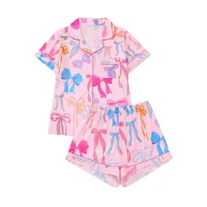 Women's All Over Bow Print Button Front Long & Shorts Pyjama Set, Comfort Two-piece Pj Set for Homewear, Women's Sleepwear for All Seasons, Summer Sleepwear, Pajamas, Pajamas Lounge Set