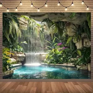 1PC Polyester 2D Flat Tropical Jungle Waterfall Pool Tapestry - Reusable Natural Landscape Wall Hanging Room Decor, Birthday Backdrop, Picnic Photo Prop