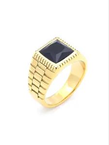 High-Quality Men's Ring, 18K Gold Plated Tarnish-Free, Square Black Gemstone Exudes Boldness