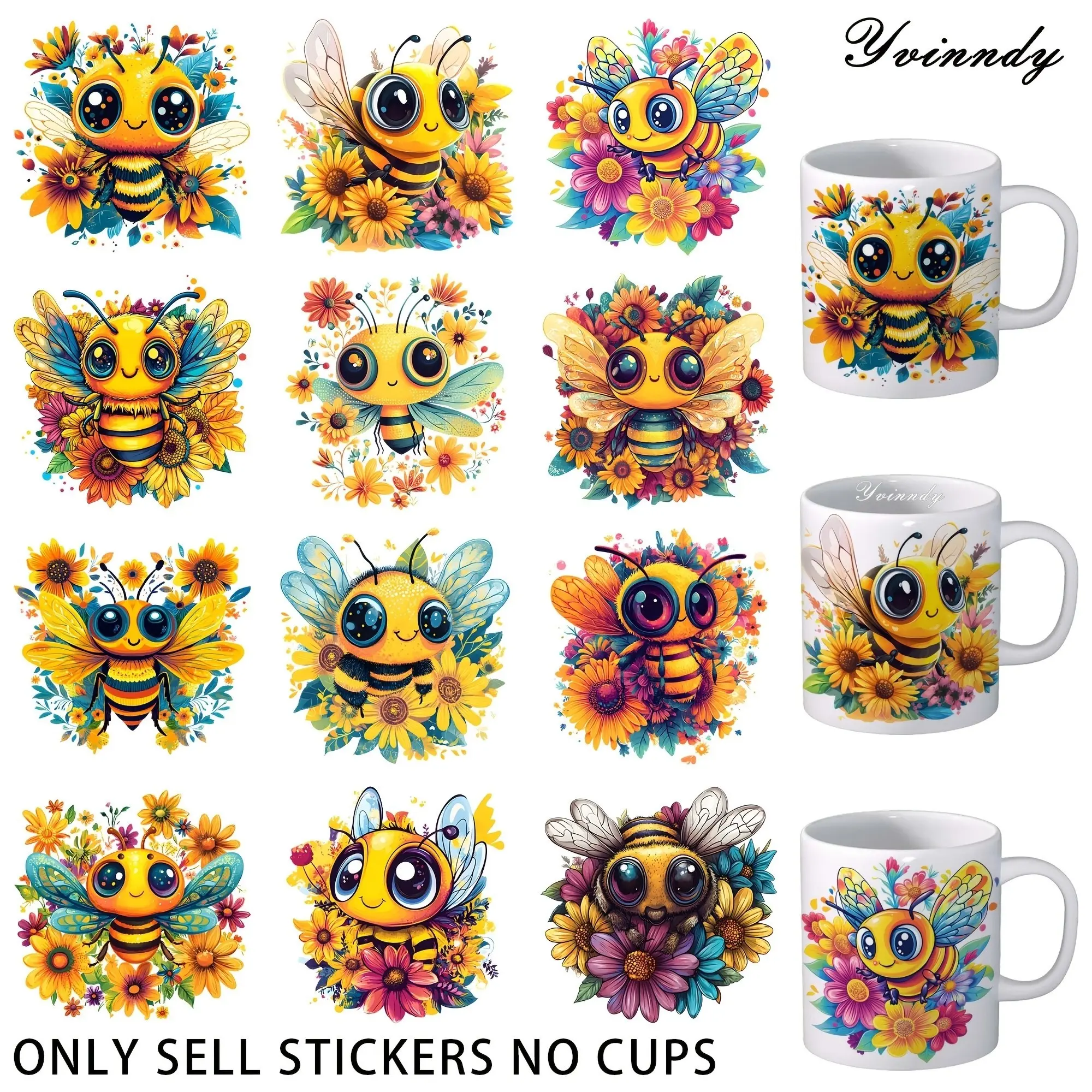 A Set of 12 Sheets with Bee Patterns, Including Sunflowers, Made with UV DTF Transfer Paper, Sticker. Perfect for Art Crafts, Projects, Scrapbooking, and Sealing. Easy to Use and Long Lasting, Suitable for Cups, Bottles, Laptops.