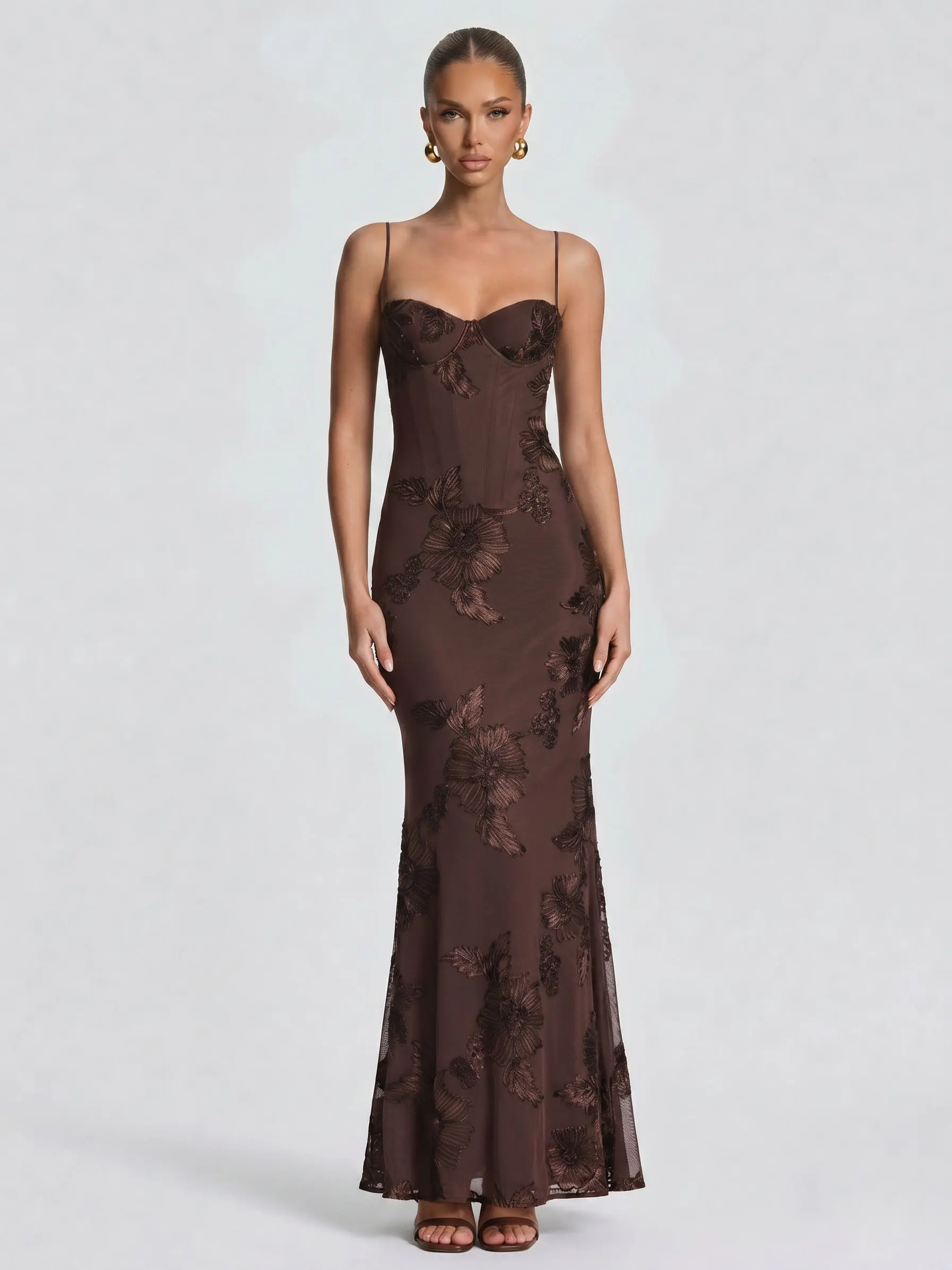 LikeMyChoice 2026  Women's Brown Floral Lace Mermaid Maxi Dress - Corset Bustier, Spaghetti Strap Formal Evening Gown for Womenswear, Birthday Occasions