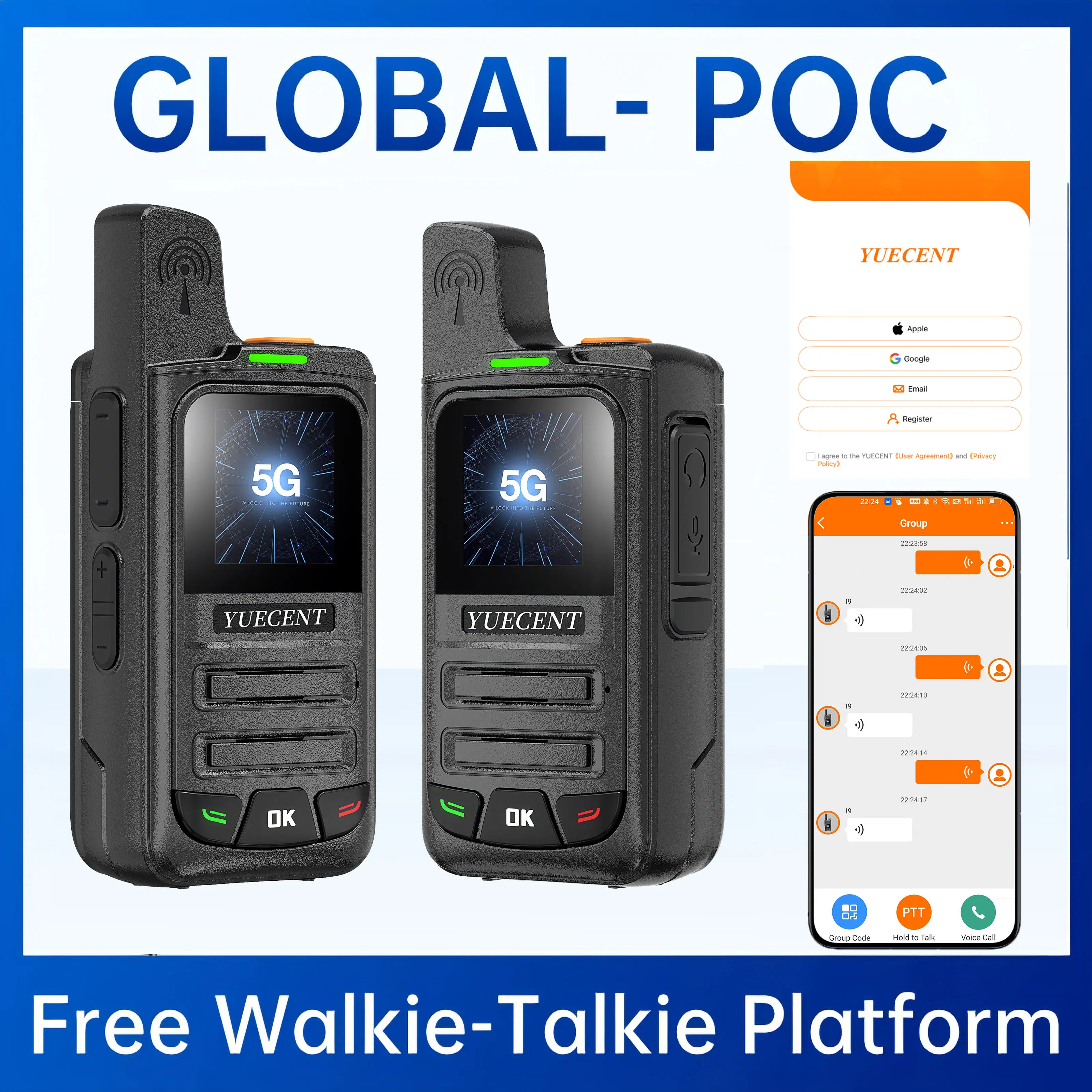 YUECENT X2B Global POC 2-Way Radio with 1-Year Valid SIM Card, 4G Network, 5000 km Range, 2500mAh Battery, Clear Audio for Hiking, Camping