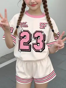 Tween Girls Casual Colorblock Digital Print Short Sleeve Top and Shorts Set, Y2K Streetwear, Back-To-School, Home Wear, Cute Clothing Set, 2 Piece Set