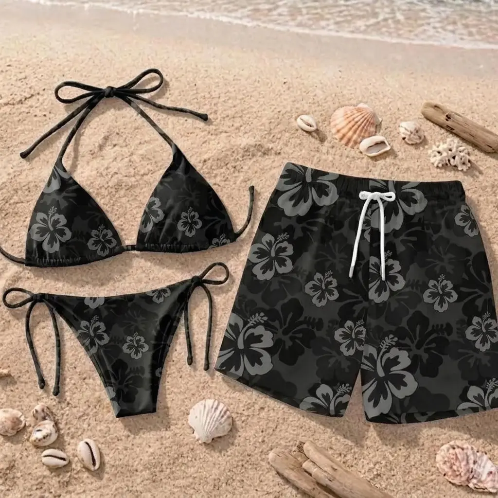 Matching Couple Camo Swimsuits Set, BF GF Bikini and Men Swim Trunks, Black Floral Camo Beachwear, Trendy Matching Swimwear for Couples, Summer Beach Vacation Outfit, Pool Party Gift for Women Men