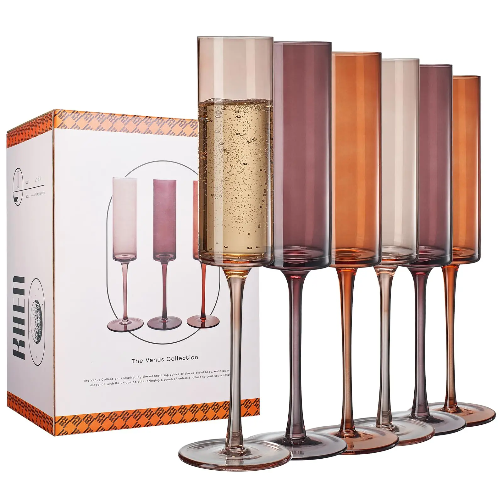 Khen Venus Glasses Luxury Glassware - Set of 6 - Everyday, Winter Gift Her, Mom, Wife, Girlfriend, Special Celebrations Drinkware, Textured Glass, Brown Style Amber Colored -Champagne Flute 6oz