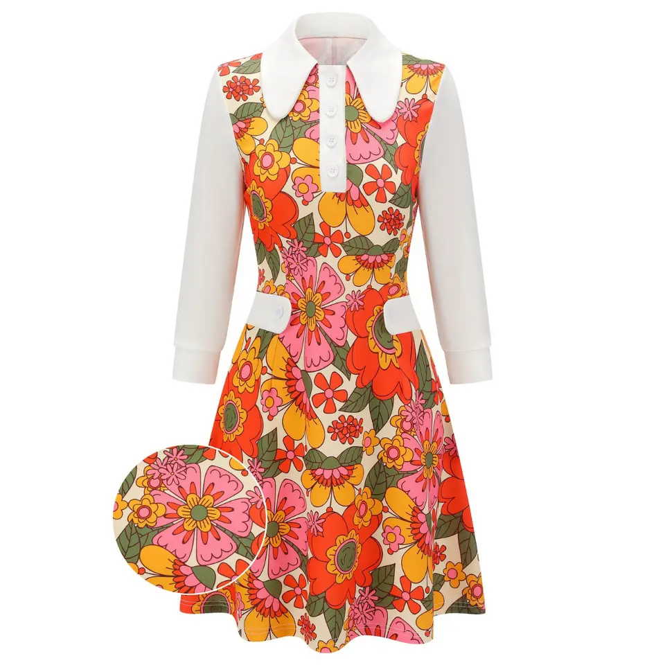 RETRO STAGE Women's 1960s Orange Printed A-Line Casual Wear Dress - Peter Pan Collar, 3/4 Sleeves, Floral Patchwork Pockets, Front Buttons, Lightweight Old-Fashion Swing Transitional Dress for Commuting, Fit-And-Flare Casual Dresses Womenswear
